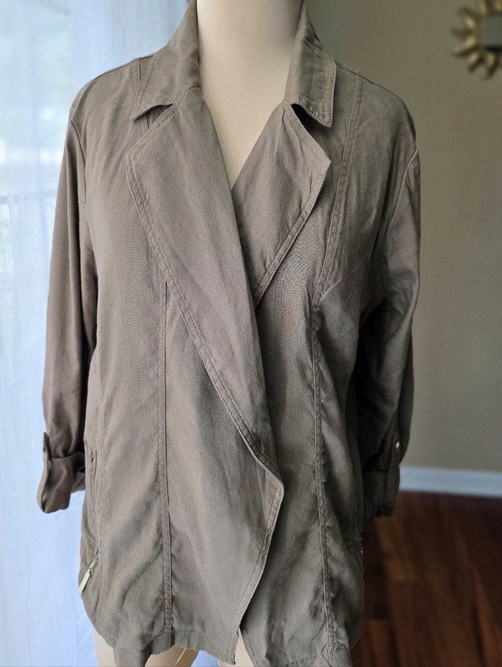 Linen Blend Draped Open Front Jacket Warm Taupe Lightweight Chico's Size L